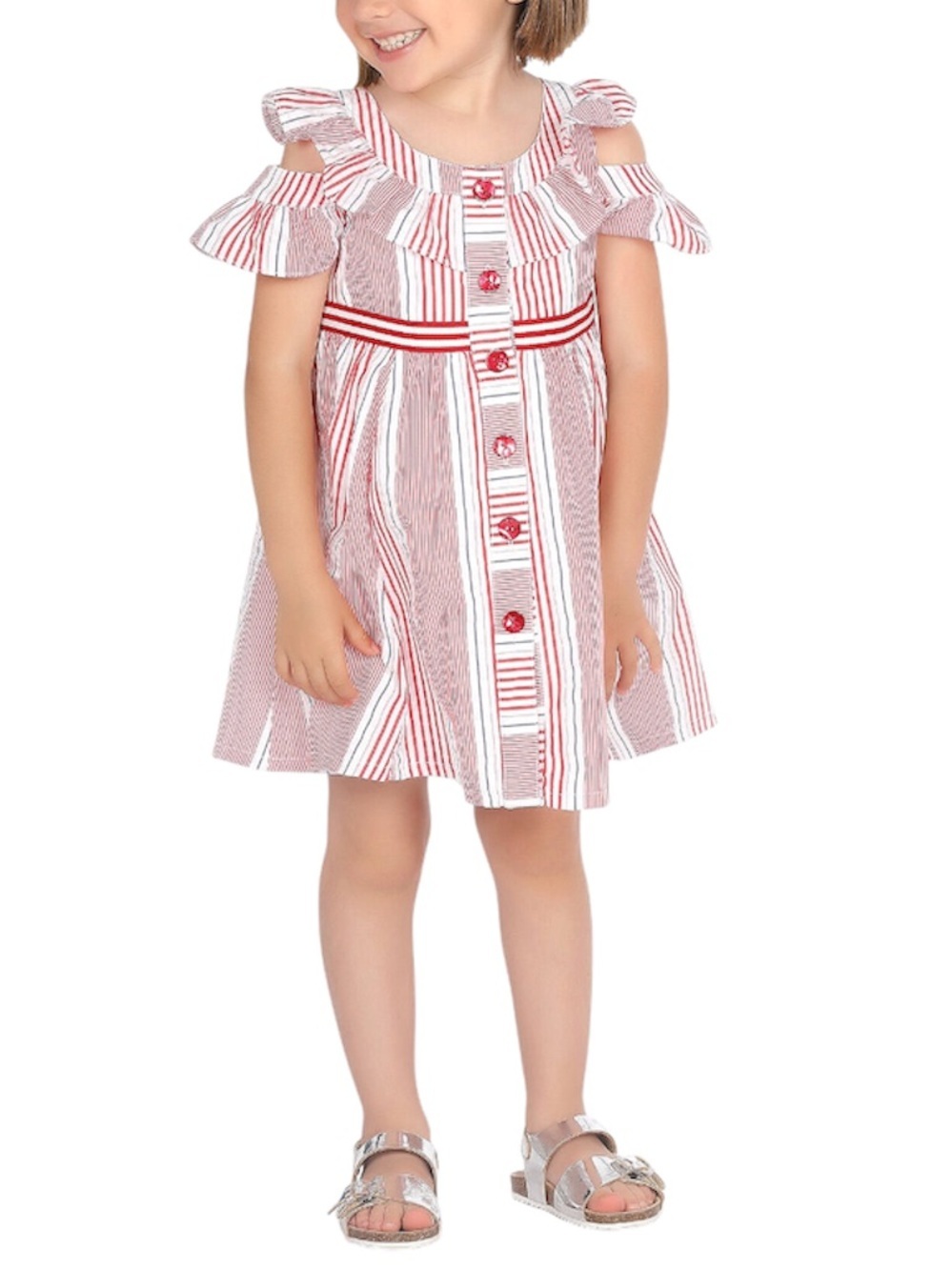 PAN CON CHOCOLATE Girls' Red Striped Cold-Shoulder Cotton Dress